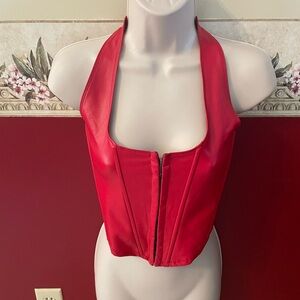JNK Red Faux Leather Halter Crop Top - Bold Red